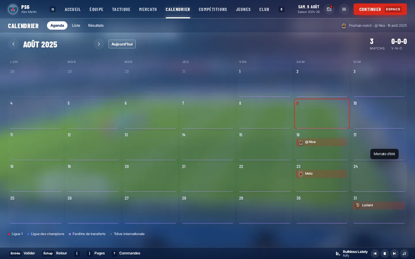 Écran Calendrier : agenda du mois avec les matchs