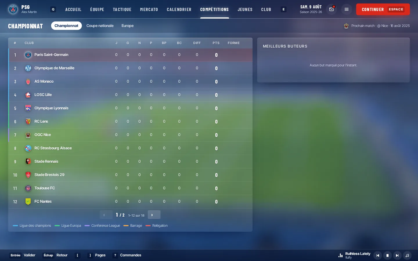 Écran Compétitions : classement du championnat