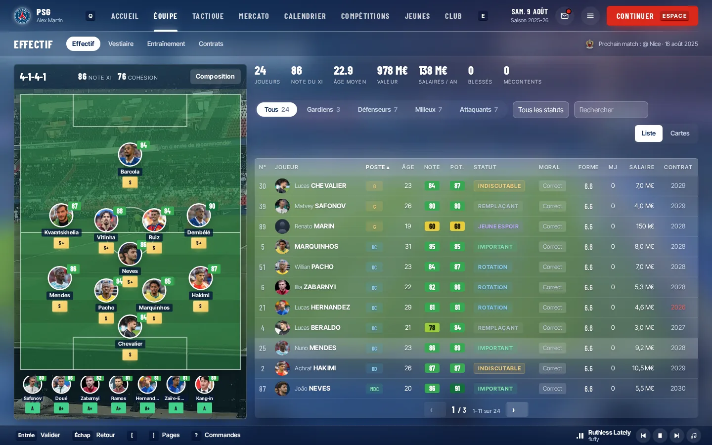 Écran Effectif : composition sur le terrain et liste des joueurs