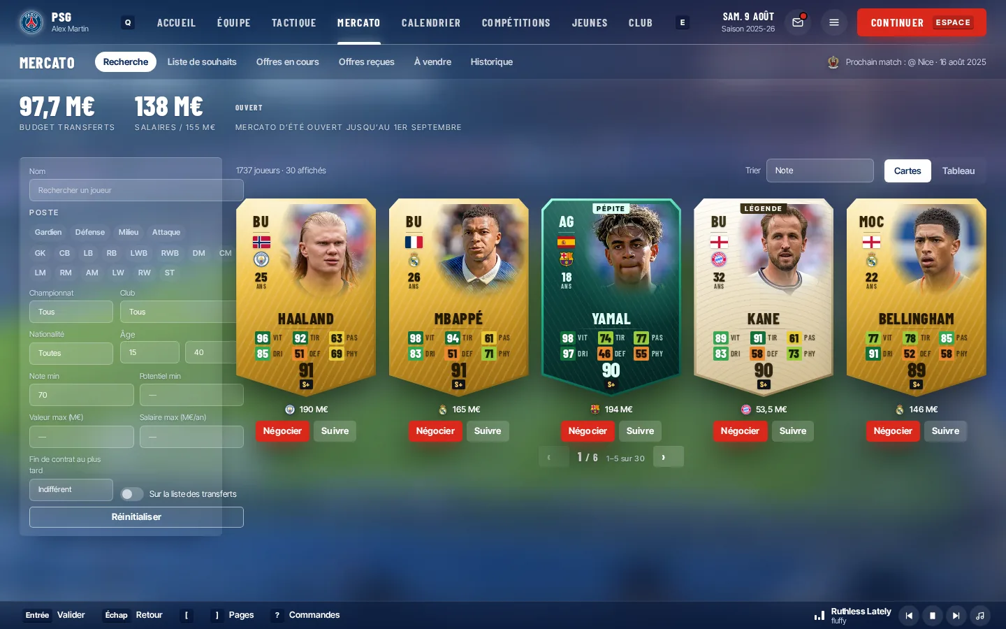 Écran Mercato : recherche de joueurs en cartes